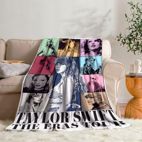 Taylor Swift Eras Tour throw blanket on a cozy bed, perfect for Swifties and Taylor Swift fans."