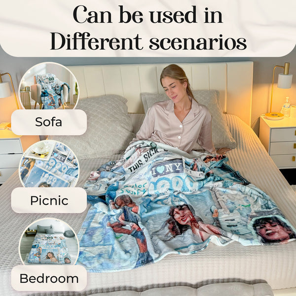 Taylor Swift collage throw blanket on a cozy bed, perfect for Swifties and fans who love all eras of Taylor's music.