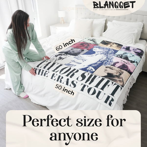 Soft and luxurious Taylor Swift collectible blanket draped over a sofa, showcasing iconic tour imagery.