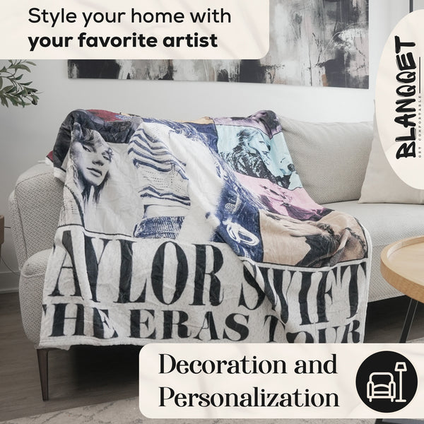 Soft and luxurious Taylor Swift collectible blanket draped over a sofa, showcasing iconic tour imagery.